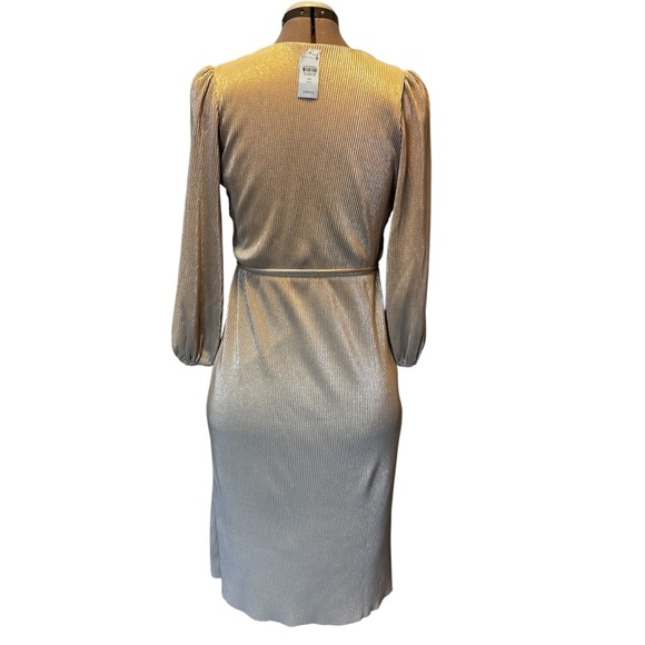 Ann Taylor | NWT | Metallic Pleated Faux Wrap Dress | XSP Petite - Picture 8 of 11